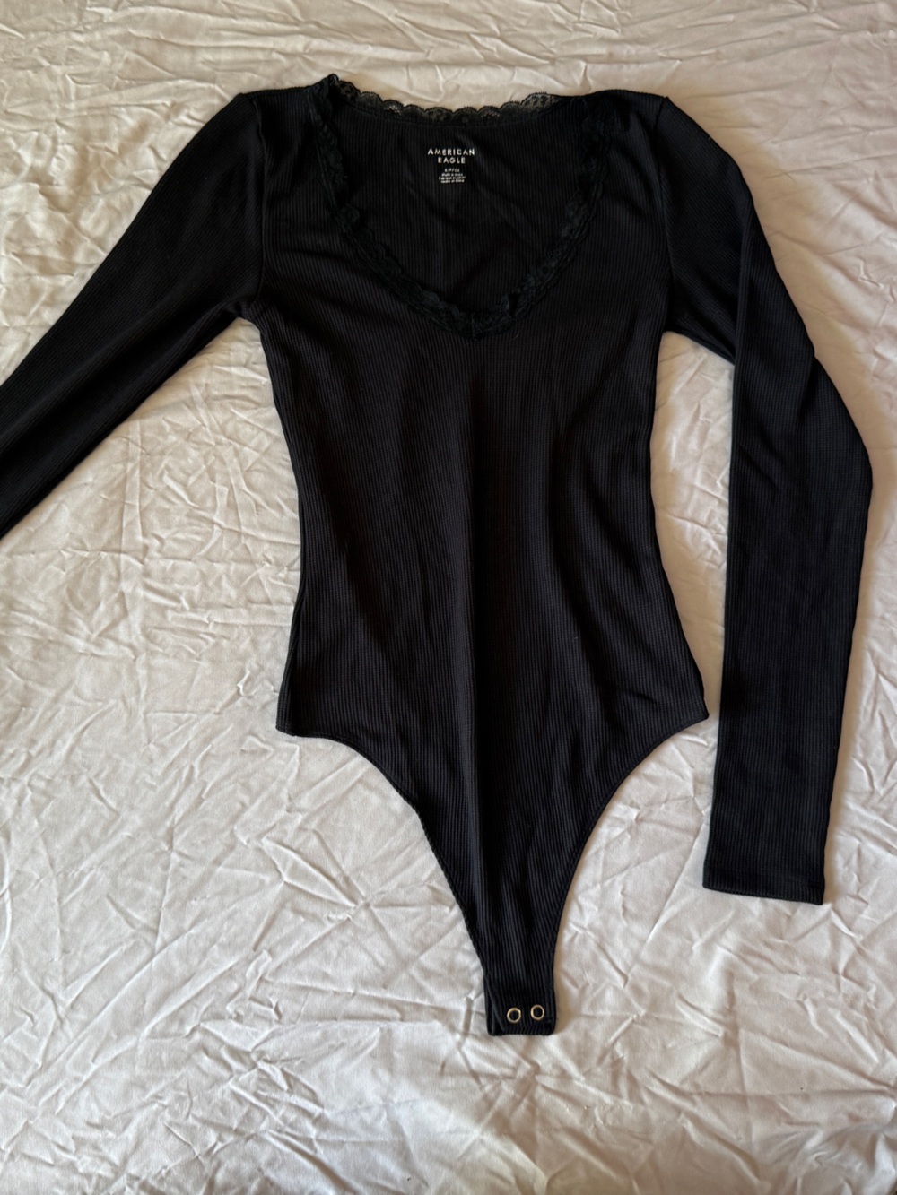American Eagle Outfitters Black Long-Sleeve Lace-Trim Bodysuit